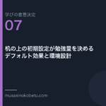 机の上の初期設定が勉強量を決めるデフォルト効果と環境設計学びの意思決定 第7回 | 武蔵野個別指導塾 机の上の初期設定が勉強量を決める——デフォルト効果と環境設計(学びの意思決定 第7回) 武蔵野個別指導塾