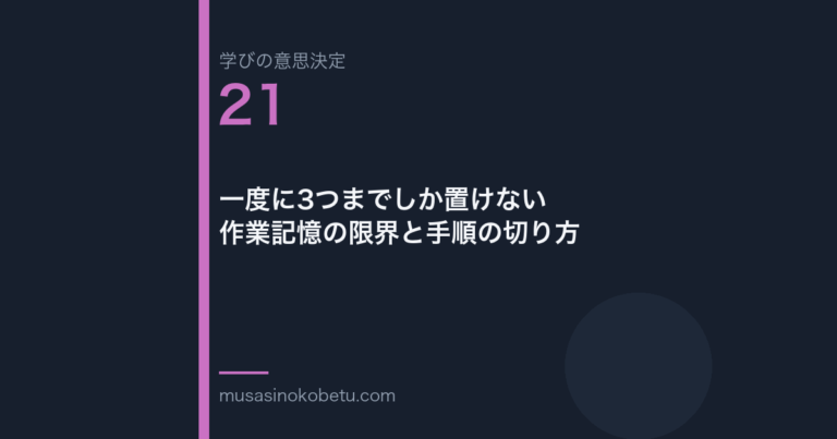 一度に3つまでしか置けない作業記憶の限界と手順の切り方学びの意思決定 第21回 | 武蔵野個別指導塾 一度に3つまでしか置けない——作業記憶の限界と手順の切り方(学びの意思決定 第21回) 武蔵野個別指導塾