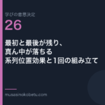 最初と最後が残り真ん中が落ちる系列位置効果と1回の組み立て学びの意思決定 第26回 | 武蔵野個別指導塾 最初と最後が残り、真ん中が落ちる——系列位置効果と1回の組み立て(学びの意思決定 第26回) 武蔵野個別指導塾