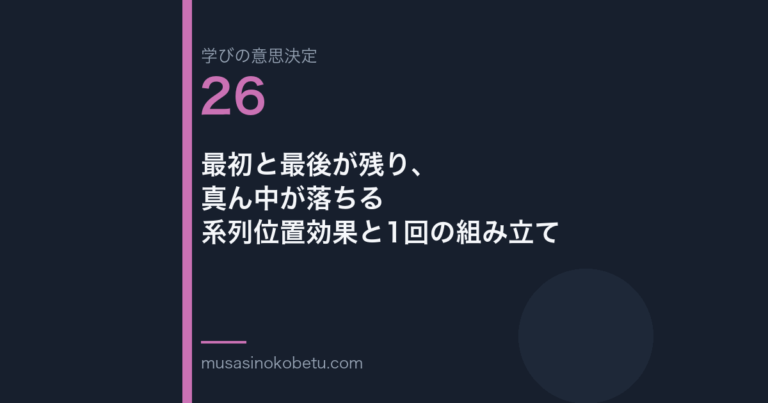 最初と最後が残り真ん中が落ちる系列位置効果と1回の組み立て学びの意思決定 第26回 | 武蔵野個別指導塾 最初と最後が残り、真ん中が落ちる——系列位置効果と1回の組み立て(学びの意思決定 第26回) 武蔵野個別指導塾