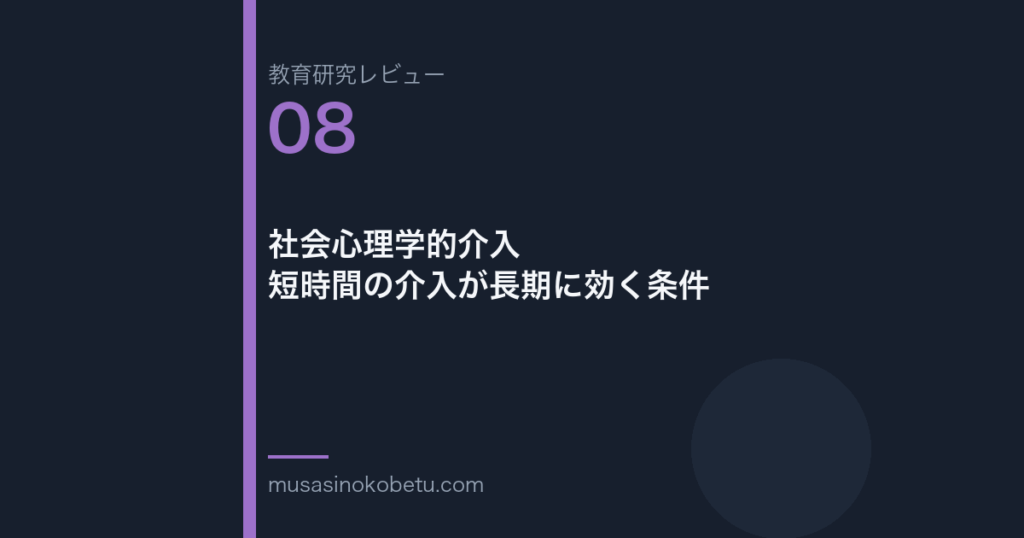 教育研究レビュー 08 社会心理学的介入短時間の介入が長期に効く条件 | 武蔵野個別指導塾 教育研究レビュー第8回「社会心理学的介入——短時間の介入が長期に効く条件」 武蔵野個別指導塾
