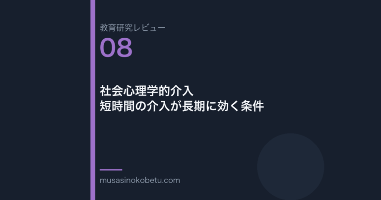 教育研究レビュー 08 社会心理学的介入短時間の介入が長期に効く条件 | 武蔵野個別指導塾 教育研究レビュー第8回「社会心理学的介入——短時間の介入が長期に効く条件」 武蔵野個別指導塾
