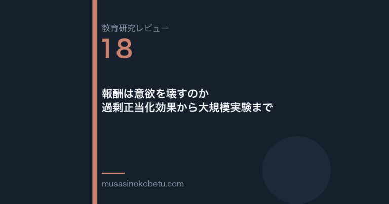 教育研究レビュー 18 報酬は意欲を壊すのか過剰正当化効果から大規模実験まで | 武蔵野個別指導塾 教育研究レビュー第18回「報酬は意欲を壊すのか——過剰正当化効果から大規模実験まで」 武蔵野個別指導塾