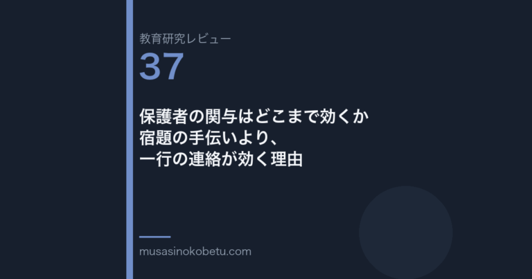 教育研究レビュー 37 保護者の関与はどこまで効くか宿題の手伝いより一行の連絡が効く理由 | 武蔵野個別指導塾 教育研究レビュー第37回「保護者の関与はどこまで効くか——宿題の手伝いより、一行の連絡が効く理由」 武蔵野個別指導塾