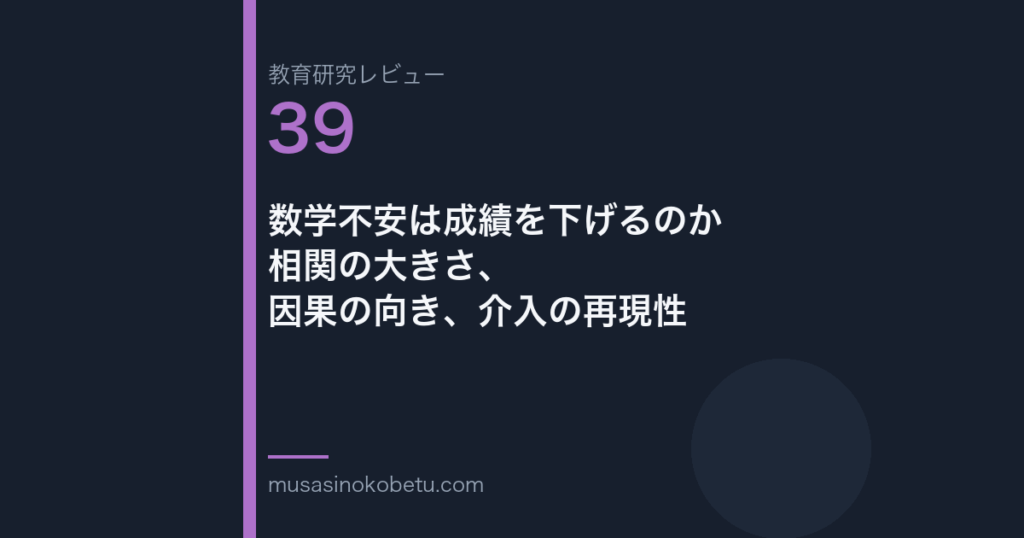 教育研究レビュー 39 数学不安は成績を下げるのか相関の大きさ因果の向き介入の再現性 | 武蔵野個別指導塾 教育研究レビュー第39回「数学不安は成績を下げるのか——相関の大きさ、因果の向き、介入の再現性」 武蔵野個別指導塾