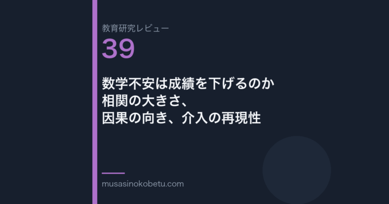 教育研究レビュー 39 数学不安は成績を下げるのか相関の大きさ因果の向き介入の再現性 | 武蔵野個別指導塾 教育研究レビュー第39回「数学不安は成績を下げるのか——相関の大きさ、因果の向き、介入の再現性」 武蔵野個別指導塾