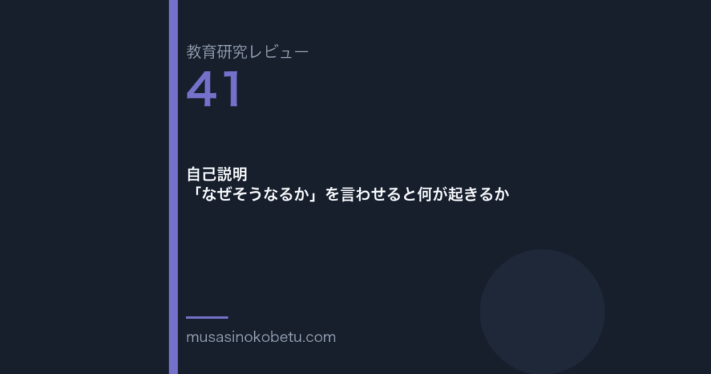 教育研究レビュー 41 自己説明なぜそうなるかを言わせると何が起きるか | 武蔵野個別指導塾 教育研究レビュー第41回「自己説明——「なぜそうなるか」を言わせると何が起きるか」
武蔵野個別指導塾