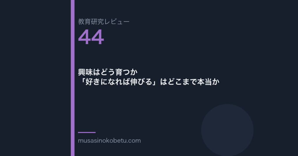 教育研究レビュー 44 興味はどう育つか好きになれば伸びるはどこまで本当か | 武蔵野個別指導塾 教育研究レビュー第44回「興味はどう育つか——「好きになれば伸びる」はどこまで本当か」
武蔵野個別指導塾