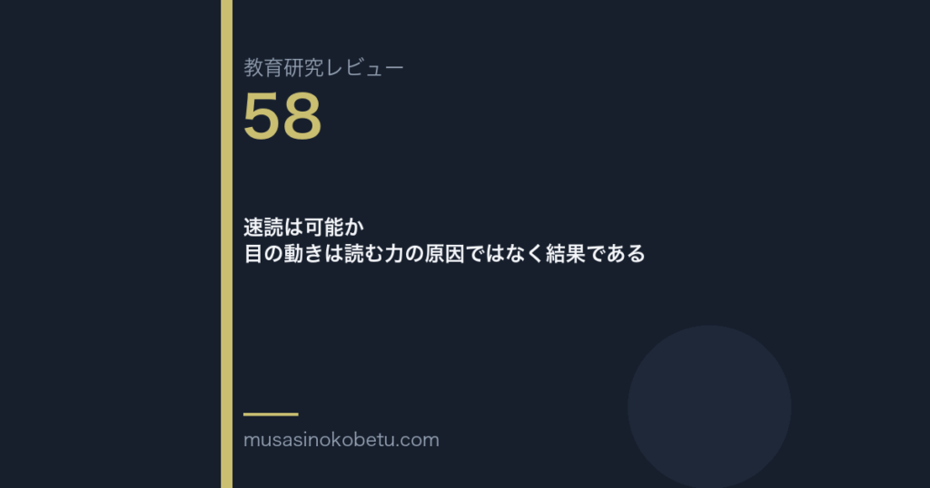教育研究レビュー 58 速読は可能か目の動きは読む力の原因ではなく結果である | 武蔵野個別指導塾 教育研究レビュー第58回「速読は可能か——目の動きは読む力の原因ではなく結果である」
武蔵野個別指導塾