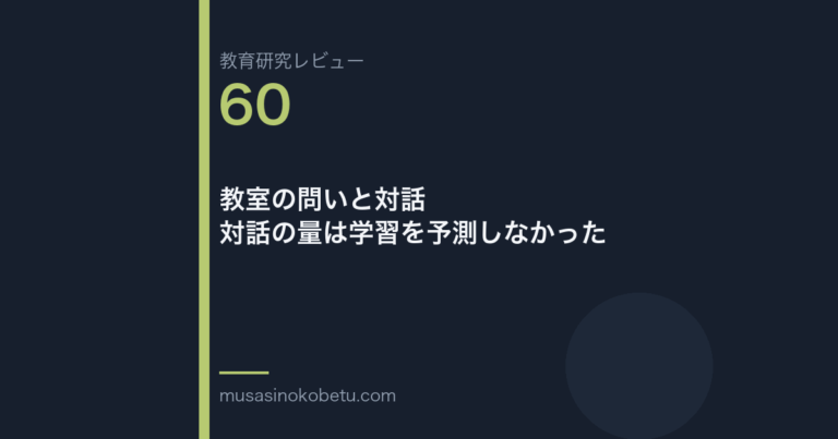 教育研究レビュー 60 教室の問いと対話対話の量は学習を予測しなかった | 武蔵野個別指導塾 教育研究レビュー第60回「教室の問いと対話——対話の量は学習を予測しなかった」
武蔵野個別指導塾