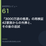 教育研究レビュー 61 3000万語の格差の再検証42家族からの外挿とその後の追試 | 武蔵野個別指導塾 教育研究レビュー第61回「「3000万語の格差」の再検証——42家族からの外挿と、その後の追試」
武蔵野個別指導塾