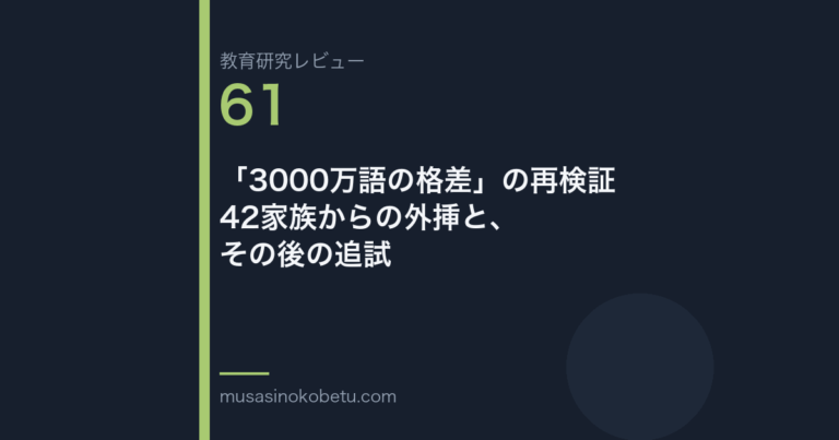 教育研究レビュー 61 3000万語の格差の再検証42家族からの外挿とその後の追試 | 武蔵野個別指導塾 教育研究レビュー第61回「「3000万語の格差」の再検証——42家族からの外挿と、その後の追試」
武蔵野個別指導塾
