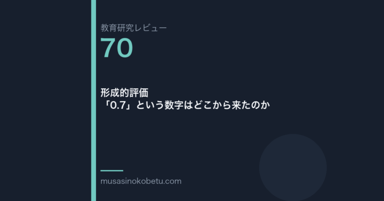 教育研究レビュー 70 形成的評価07という数字はどこから来たのか | 武蔵野個別指導塾 教育研究レビュー第70回「形成的評価——「0.7」という数字はどこから来たのか」
武蔵野個別指導塾