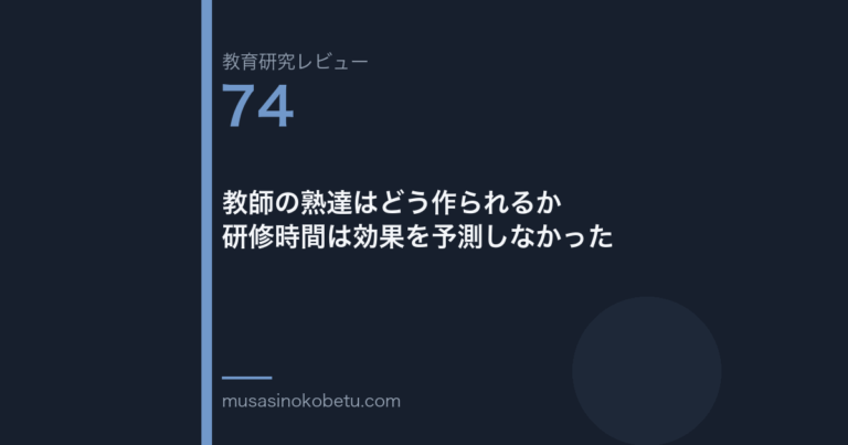 教育研究レビュー 74 教師の熟達はどう作られるか研修時間は効果を予測しなかった | 武蔵野個別指導塾 教育研究レビュー第74回「教師の熟達はどう作られるか——研修時間は効果を予測しなかった」
武蔵野個別指導塾