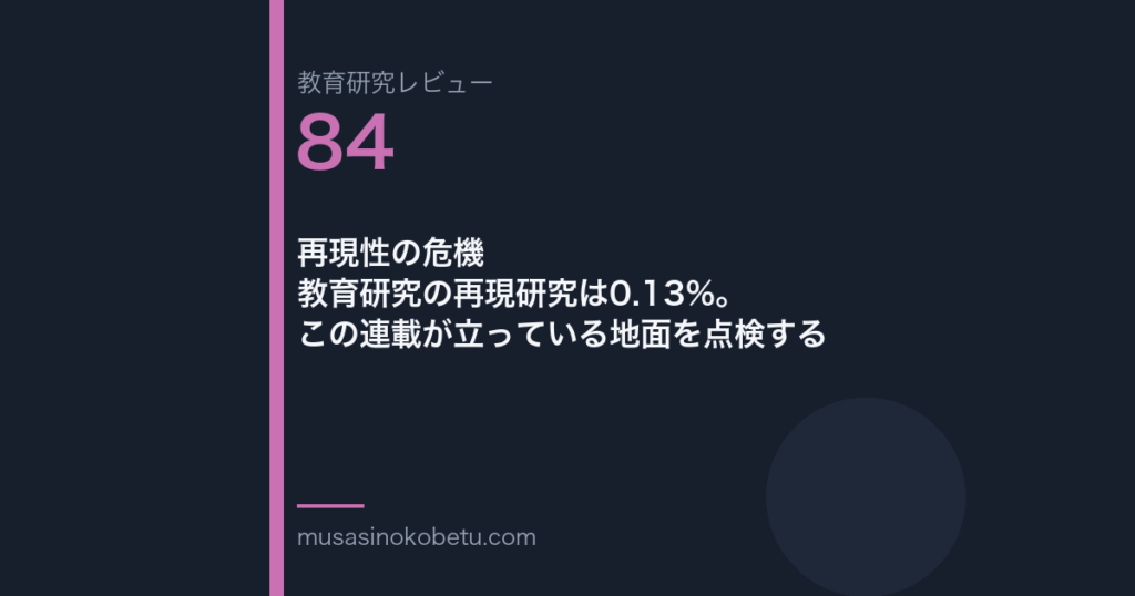 教育研究レビュー 84 再現性の危機教育研究の再現研究は013この連載が立っている地面を点検する | 武蔵野個別指導塾 教育研究レビュー第84回「再現性の危機——教育研究の再現研究は0.13%。この連載が立っている地面を点検する」
武蔵野個別指導塾