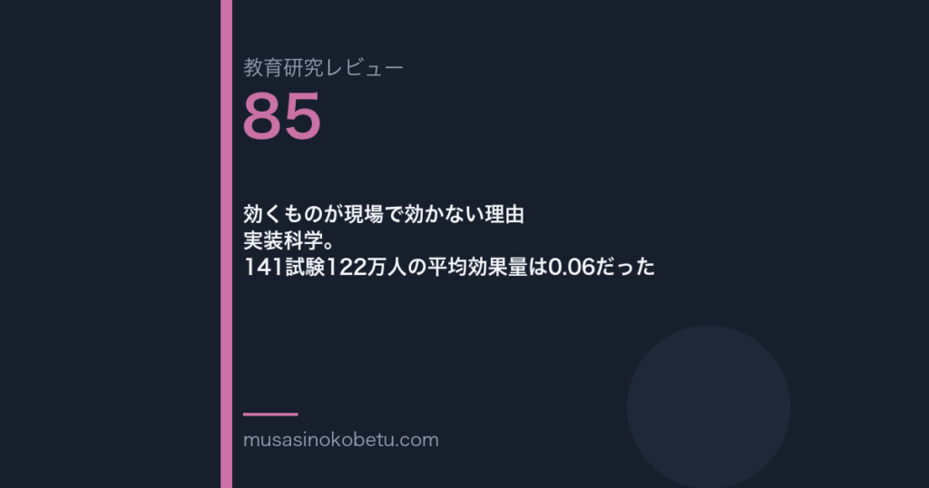 教育研究レビュー 85 効くものが現場で効かない理由実装科学141試験122万人の平均効果量は006だった | 武蔵野個別指導塾 教育研究レビュー第85回「効くものが現場で効かない理由——実装科学。141試験122万人の平均効果量は0.06だった」
武蔵野個別指導塾
