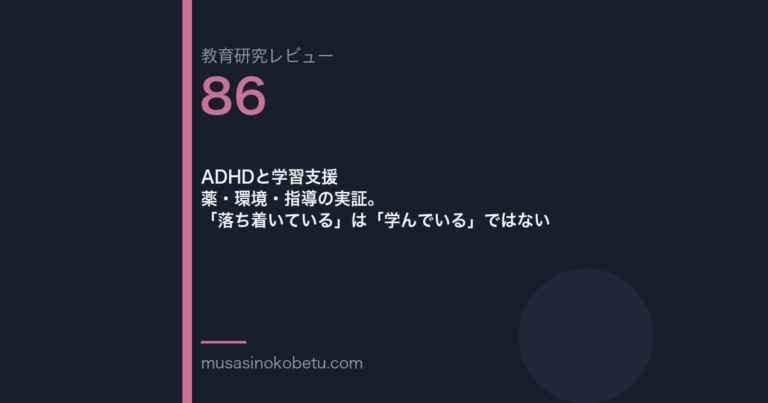 教育研究レビュー 86 ADHDと学習支援薬環境指導の実証落ち着いているは学んでいるではない | 武蔵野個別指導塾 教育研究レビュー第86回「ADHDと学習支援——薬・環境・指導の実証。「落ち着いている」は「学んでいる」ではない」
武蔵野個別指導塾