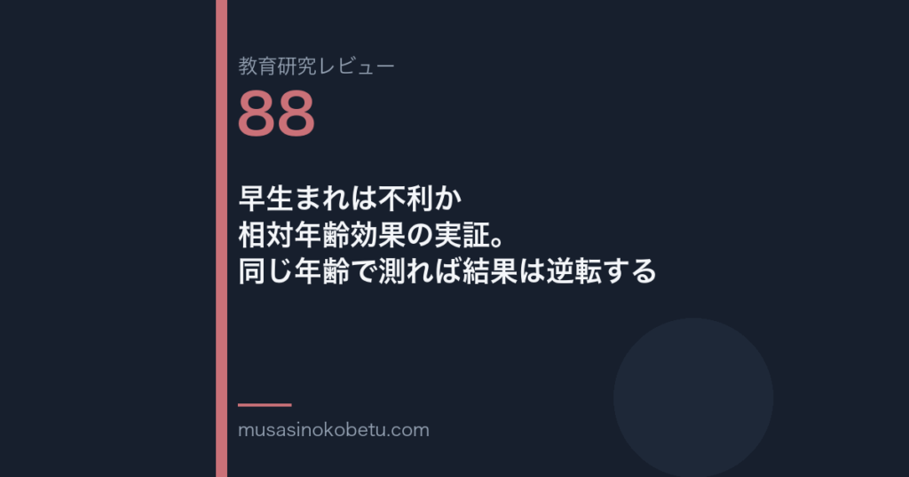 教育研究レビュー 88 早生まれは不利か相対年齢効果の実証同じ年齢で測れば結果は逆転する | 武蔵野個別指導塾 教育研究レビュー第88回「早生まれは不利か——相対年齢効果の実証。同じ年齢で測れば結果は逆転する」
武蔵野個別指導塾