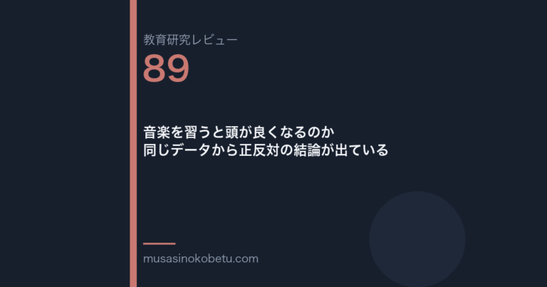 教育研究レビュー 89 音楽を習うと頭が良くなるのか同じデータから正反対の結論が出ている | 武蔵野個別指導塾 教育研究レビュー第89回「音楽を習うと頭が良くなるのか——同じデータから正反対の結論が出ている」
武蔵野個別指導塾