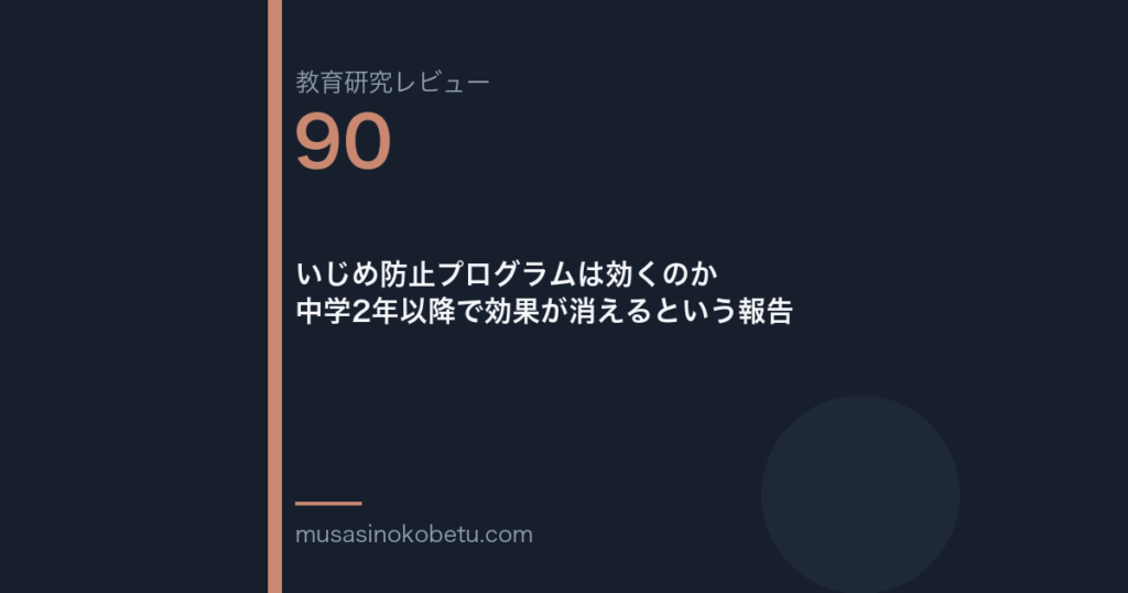 教育研究レビュー第90回「いじめ防止プログラムは効くのか——中学2年以降で効果が消えるという報告」
 武蔵野個別指導塾