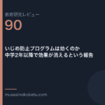 教育研究レビュー 90 いじめ防止プログラムは効くのか中学2年以降で効果が消えるという報告 | 武蔵野個別指導塾 教育研究レビュー第90回「いじめ防止プログラムは効くのか——中学2年以降で効果が消えるという報告」
武蔵野個別指導塾