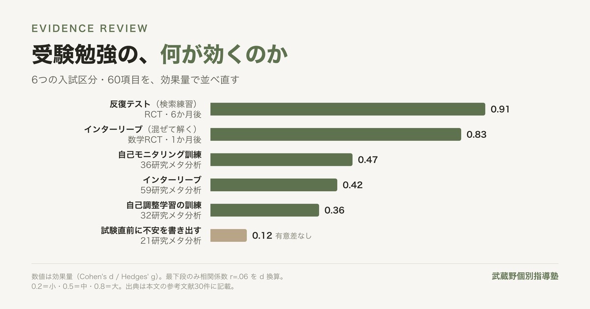 学習方略の効果量比較 - 武蔵野個別指導塾 検索練習0.91、インターリーブ0.83、自己モニタリング訓練0.47、インターリーブのメタ分析0.42、自己調整学習の訓練0.36、試験直前の不安書き出し0.12(有意差なし)を比較した横棒グラフ 武蔵野個別指導塾