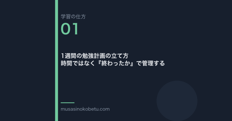 連載学習の仕方第1回 アイキャッチ | 武蔵野個別指導塾 連載「学習の仕方」第1回/全50回。1週間の勉強計画の立て方——時間ではなく『終わったか』で管理する
武蔵野個別指導塾