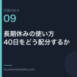 連載学習の仕方第9回 アイキャッチ | 武蔵野個別指導塾 連載「学習の仕方」第9回/全50回。長期休みの使い方——40日をどう配分するか
武蔵野個別指導塾