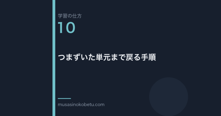 連載学習の仕方第10回 アイキャッチ | 武蔵野個別指導塾 連載「学習の仕方」第10回/全50回。つまずいた単元まで戻る手順
武蔵野個別指導塾