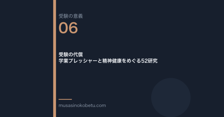 連載受験の意義第6回 アイキャッチ | 武蔵野個別指導塾 連載「受験の意義」第6回/全10回。受験の代償——学業プレッシャーと精神健康をめぐる52研究 武蔵野個別指導塾