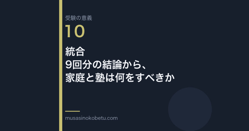 連載受験の意義第10回 アイキャッチ | 武蔵野個別指導塾 連載「受験の意義」第10回/全10回。統合——9回分の結論から、家庭と塾は何をすべきか 武蔵野個別指導塾