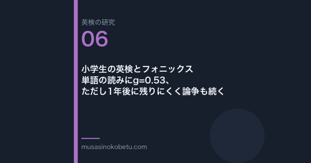 小学生の英検とフォニックス——単語の読みにg=0.53、ただし1年後に残りにくく論争も続く | 武蔵野個別指導塾 小学生の英検とフォニックス——単語の読みにg=0.53、ただし1年後に残りにくく論争も続く 武蔵野個別指導塾