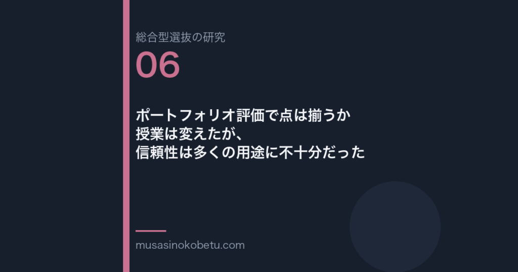 ポートフォリオ評価で点は揃うか——授業は変えたが、信頼性は多くの用途に不十分だった | 武蔵野個別指導塾 ポートフォリオ評価で点は揃うか——授業は変えたが、信頼性は多くの用途に不十分だった 武蔵野個別指導塾