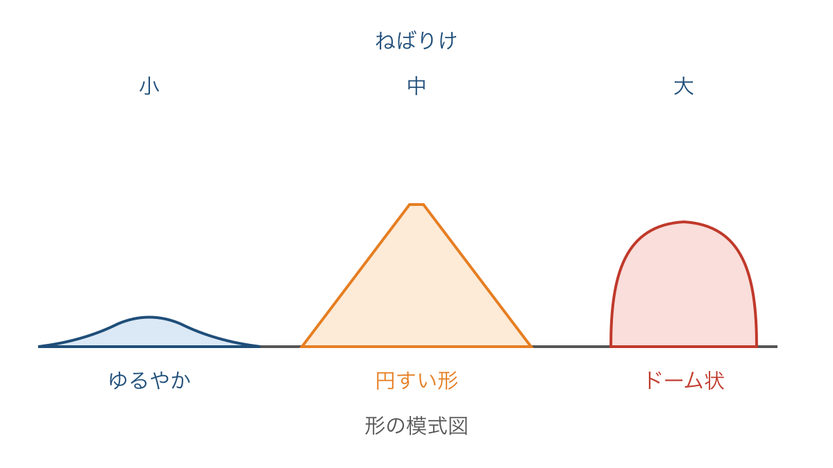 図3 マグマのねばりけと火山の広がり方の模式比較