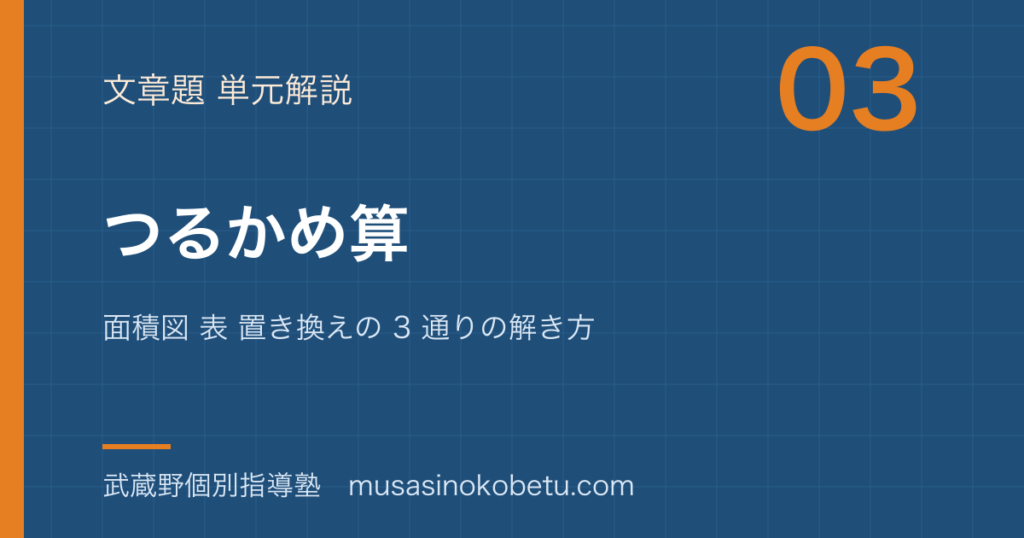 中学受験算数つるかめ算を図解で総まとめ面積図 表 置き換えの 3 通りの解き方のアイキャッチ | 武蔵野個別指導塾 【中学受験算数】つるかめ算を図解で総まとめ—面積図 表 置き換えの 3 通りの解き方のアイキャッチ 武蔵野個別指導塾