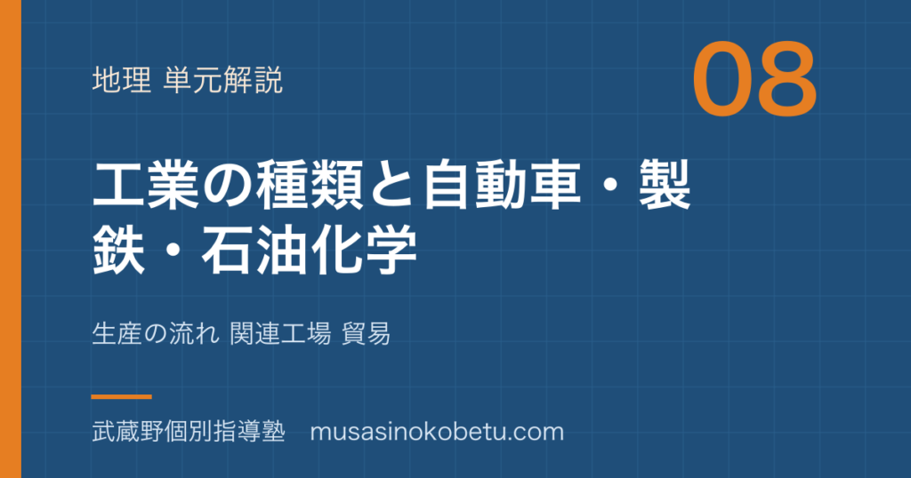 中学受験社会工業の種類と自動車 製鉄 石油化学を図解で総まとめ生産の流れ 関連工場 貿易のアイキャッチ | 武蔵野個別指導塾 【中学受験社会】工業の種類と自動車 製鉄 石油化学を図解で総まとめ—生産の流れ 関連工場 貿易のアイキャッチ 武蔵野個別指導塾