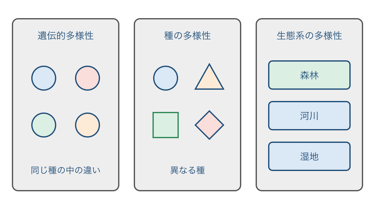図1 同じ種の内部から生態系までの多様性の3水準