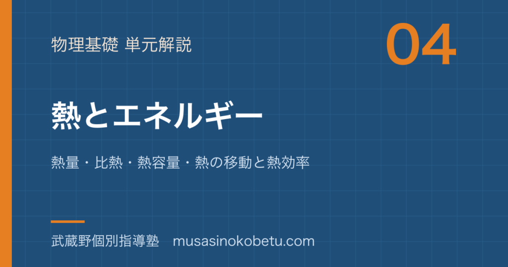 物理基礎熱とエネルギーを図解で総まとめ熱量比熱熱容量熱の移動と熱効率のアイキャッチ | 武蔵野個別指導塾 【物理基礎】熱とエネルギーを図解で総まとめ—熱量・比熱・熱容量・熱の移動と熱効率のアイキャッチ 武蔵野個別指導塾