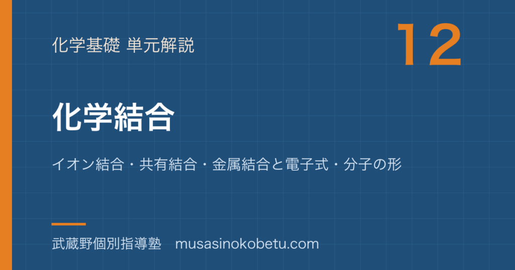 化学基礎化学結合を図解で総まとめイオン結合共有結合金属結合と電子式分子の形のアイキャッチ | 武蔵野個別指導塾 【化学基礎】化学結合を図解で総まとめ—イオン結合・共有結合・金属結合と電子式・分子の形のアイキャッチ 武蔵野個別指導塾