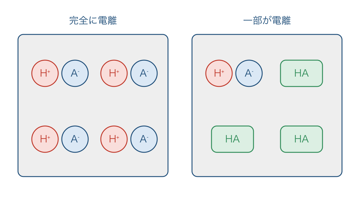 図1 同数の一価の酸を溶かしたときの電離の違い