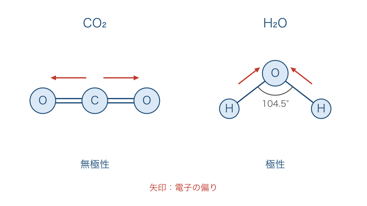 図2　二酸化炭素と水の分子の形による極性の違い