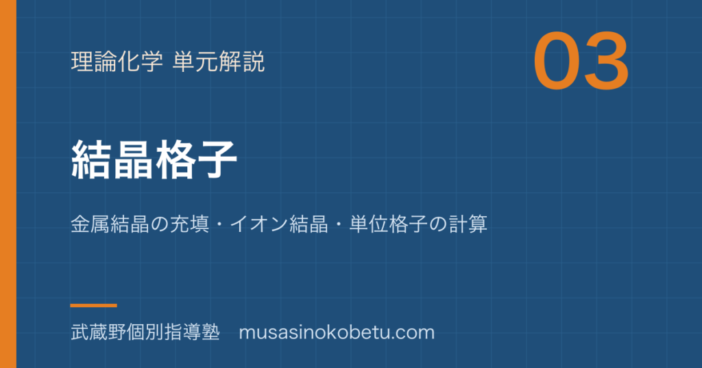 化学結晶格子を図解で総まとめ金属結晶の充填イオン結晶単位格子の計算のアイキャッチ | 武蔵野個別指導塾 【化学】結晶格子を図解で総まとめ—金属結晶の充填・イオン結晶・単位格子の計算のアイキャッチ 武蔵野個別指導塾