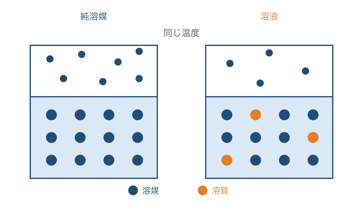 図1 純溶媒と溶液の液相と気相の粒子を比較した模式図