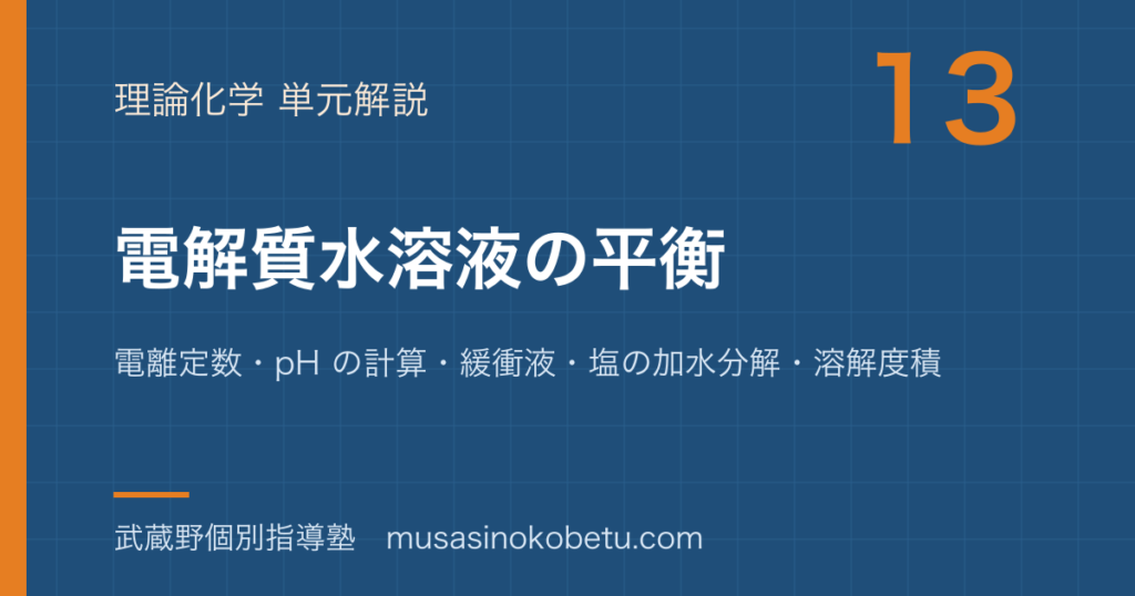 化学電解質水溶液の平衡を図解で総まとめ電離定数pH の計算緩衝液塩の加水分解溶解度積のアイキャッチ | 武蔵野個別指導塾 【化学】電解質水溶液の平衡を図解で総まとめ—電離定数・pH の計算・緩衝液・塩の加水分解・溶解度積のアイキャッチ 武蔵野個別指導塾
