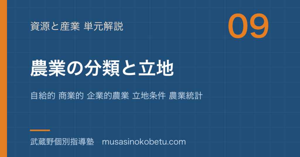 【地理探究】農業の分類と立地を図解で総まとめ—自給的 商業的 企業的農業 立地条件 農業統計のアイキャッチ 武蔵野個別指導塾