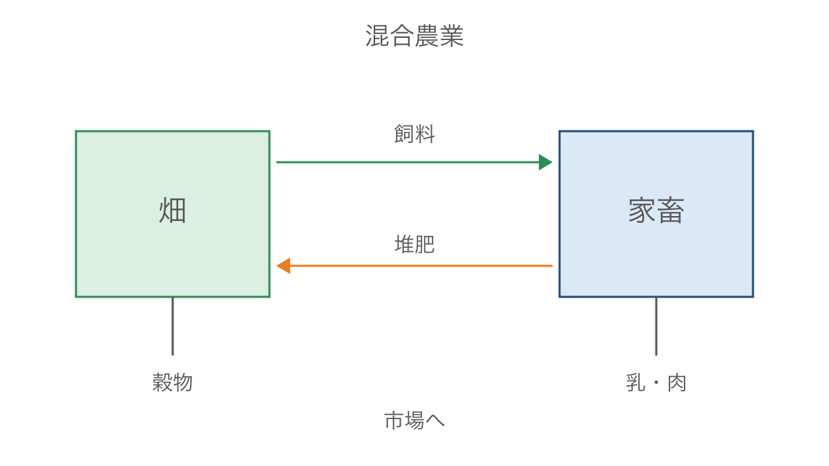 図1　混合農業で畑と家畜を結ぶ飼料と堆肥の循環