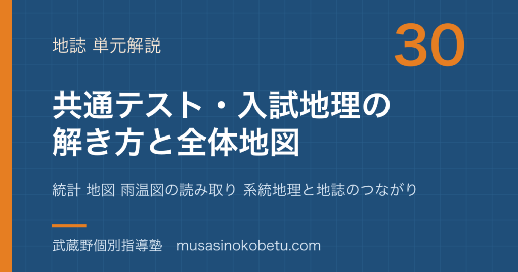 地理探究共通テスト 入試地理の解き方と全体地図を図解で総まとめ統計 地図 雨温図の読み取り 系統地理と地誌のつながりのアイキャッチ | 武蔵野個別指導塾 【地理探究】共通テスト 入試地理の解き方と全体地図を図解で総まとめ—統計 地図 雨温図の読み取り 系統地理と地誌のつながりのアイキャッチ 武蔵野個別指導塾