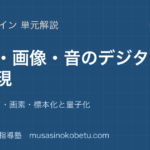 情報I文字画像音のデジタル表現を図解で総まとめ文字コード画素標本化と量子化のアイキャッチ | 武蔵野個別指導塾 【情報I】文字・画像・音のデジタル表現を図解で総まとめ—文字コード・画素・標本化と量子化のアイキャッチ 武蔵野個別指導塾