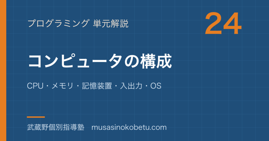 情報Iコンピュータの構成を図解で総まとめCPUメモリ記憶装置入出力OSのアイキャッチ | 武蔵野個別指導塾 【情報I】コンピュータの構成を図解で総まとめ—CPU・メモリ・記憶装置・入出力・OSのアイキャッチ 武蔵野個別指導塾