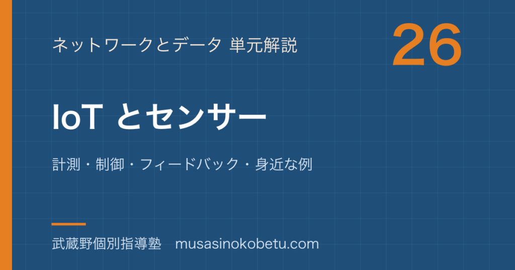 情報IIoT とセンサーを図解で総まとめ計測制御フィードバック身近な例のアイキャッチ | 武蔵野個別指導塾 【情報I】IoT とセンサーを図解で総まとめ—計測・制御・フィードバック・身近な例のアイキャッチ 武蔵野個別指導塾